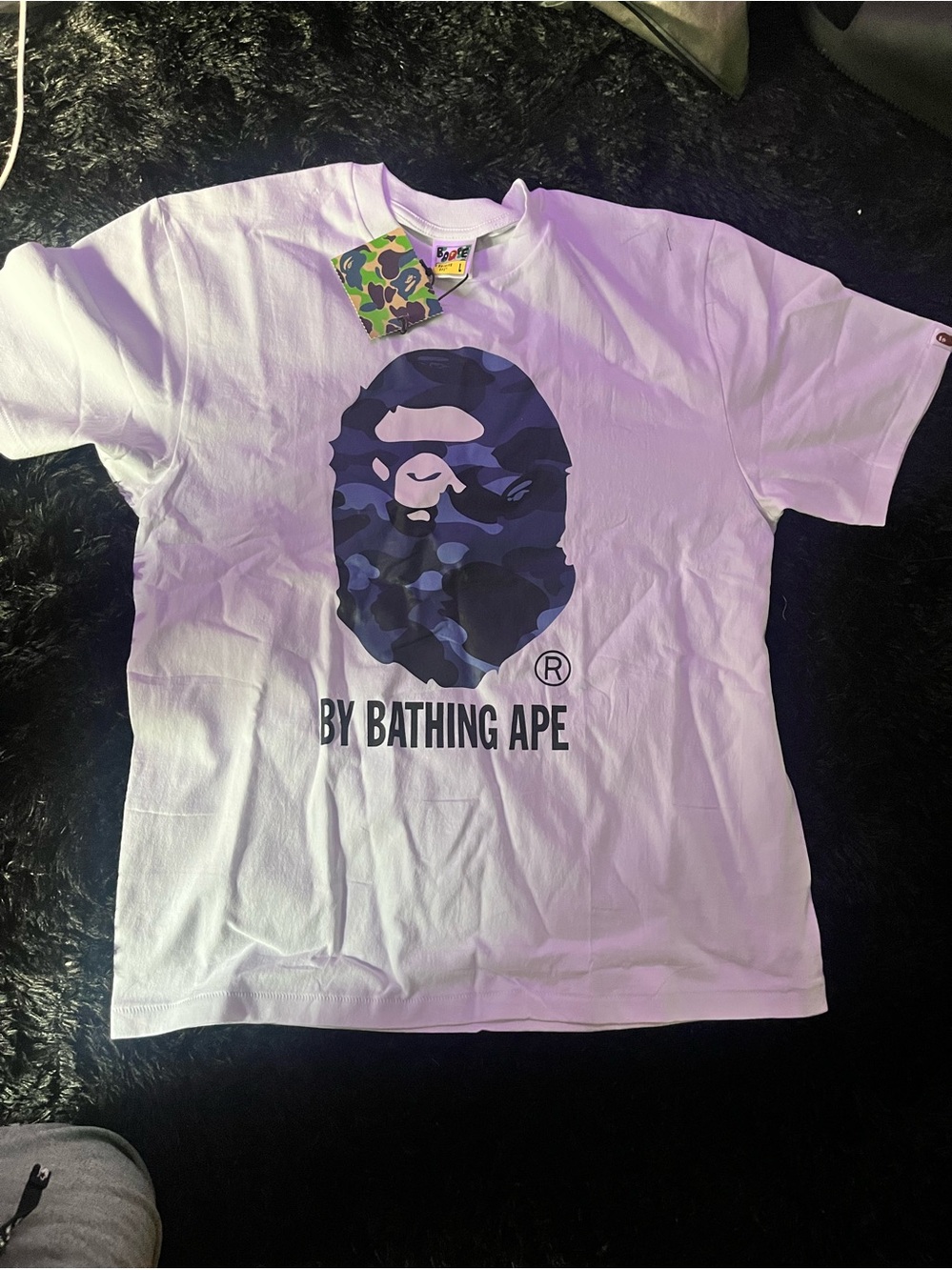 Bape White Tee with Navy Camo Ape Logo